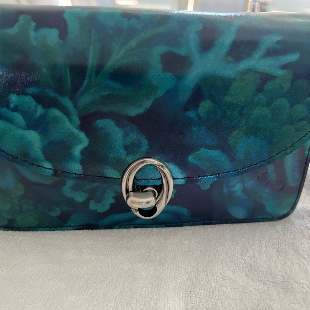 Floral Teal Leather Crossbody with Silver Hardware